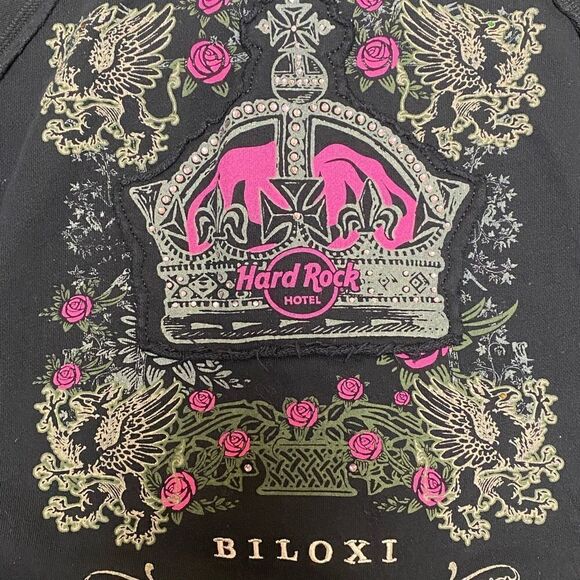 Hard Rock Hotel Biloxi Distressed Black w/ Roses & Crown Hoodie - Picture 3 of 8